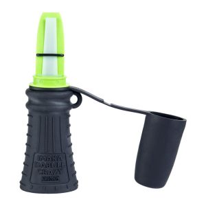 A black deer call with a bright green mouthpiece and "Imaka Dabull Crazy Primos" branding, featuring a side cup attachment.