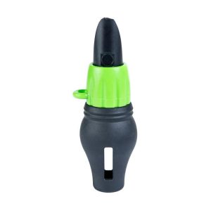 Black and green duck call whistle with a loop handle and slot opening.
