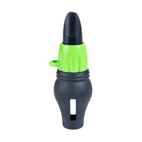 Black and green duck call whistle with a loop handle and slot opening.