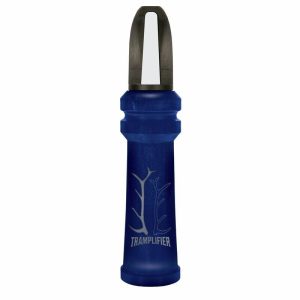 A blue Trampler call designed for deer hunting, featuring antler graphics and a black mouthpiece.