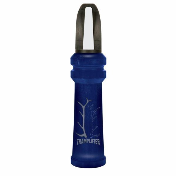 A blue trampler call designed for deer hunting, featuring antler graphics and a black mouthpiece.