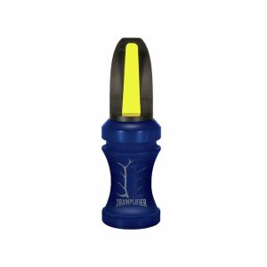 A blue Trampifier hunting call with a yellow insert against a white background.