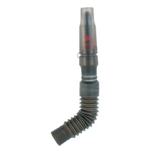 A flexible, dark gray hunting call with a ribbed design and a transparent top section.