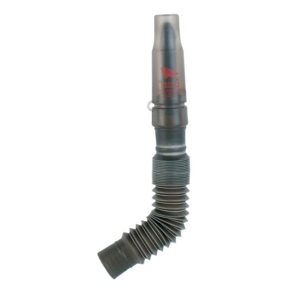 A flexible, dark gray hunting call with a ribbed design and a transparent top section.