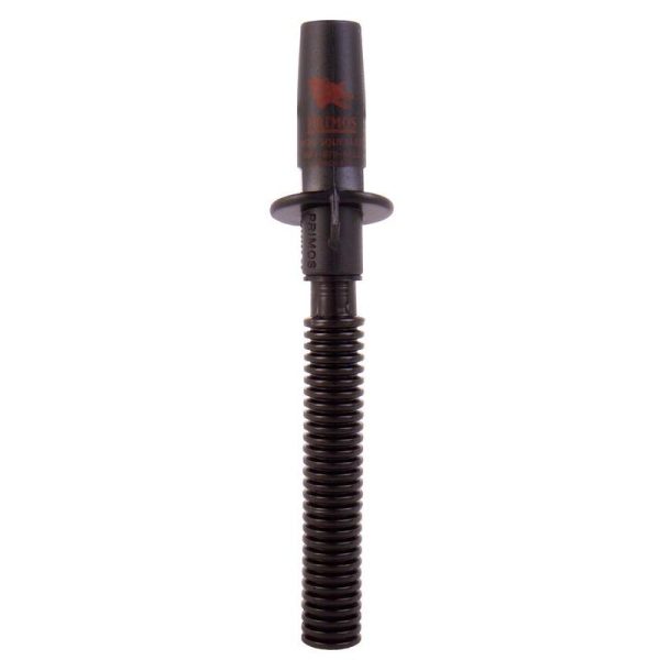 Black primos hunting call with coiled black tubing and dark red logo, suitable for firearms and ammo enthusiasts in iowa.