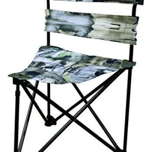 "Primos Double Bull" camouflage hunting chair with black metal frame.