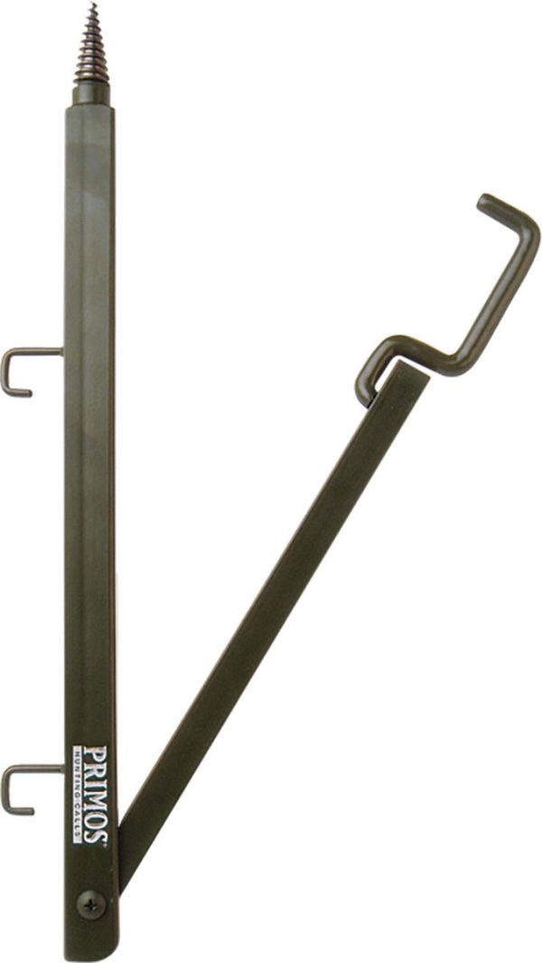 Olive green metal hook with a screw tip, designed for hanging bags or equipment, featuring the "primos hunting calls" logo.