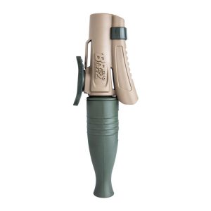 Green and beige hunting call device with ergonomic design and "Buck" branding.