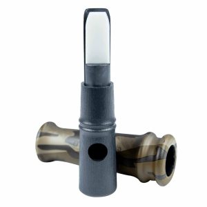 A black and camouflage duck call with a white tip.