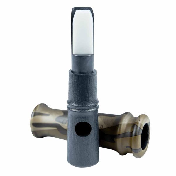 A black and camouflage duck call with a white tip.