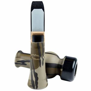 Camouflage-patterned duck call with tan, brown, and olive green colors, featuring a black mouthpiece and a light blue reed.
