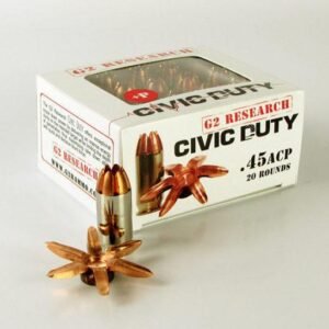 Box of g2 research civic duty. 45 acp ammo, showing 20 copper rounds.