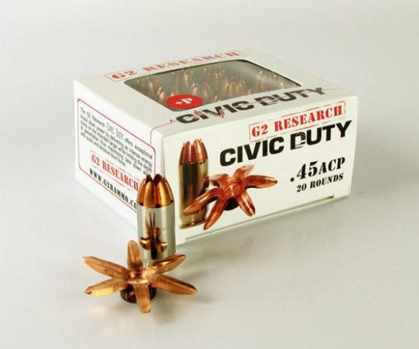 Box of g2 research civic duty. 45 acp ammo, showing 20 copper rounds.