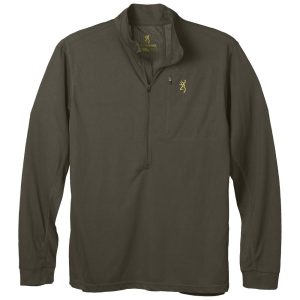 An olive green long-sleeve pullover with a zippered collar and a yellow embroidered logo on the chest.