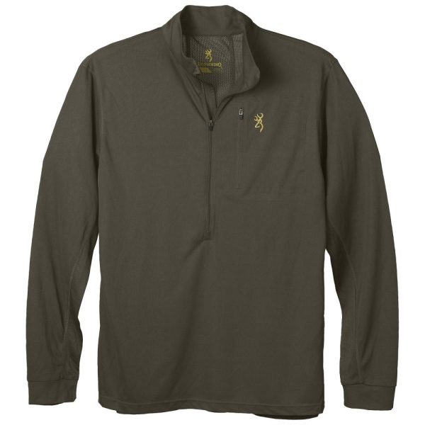 An olive green long-sleeve pullover with a zippered collar and a yellow embroidered logo on the chest.