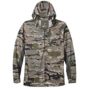 Camouflage hooded jacket with shades of olive green, beige, dark grey, and black patterns, featuring a half-zip front and logo on the chest.