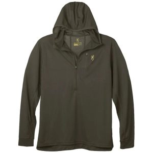 Olive green Browning hooded pullover with quarter zip and yellow logo on left chest.