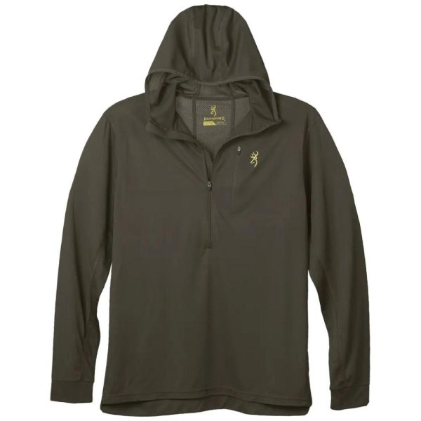 Olive green browning hooded pullover with quarter zip and yellow logo on left chest.