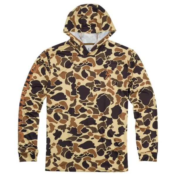 Camouflage-patterned hoodie with shades of tan, brown, and black, featuring a subtle logo on the chest.
