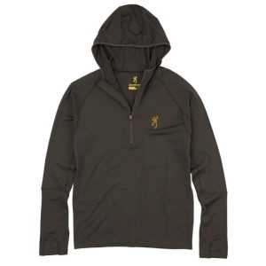 Dark green Browning hoodie with a yellow logo on the chest and a quarter-zip design.