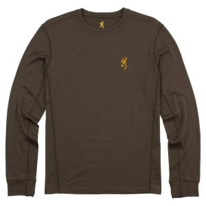 Dark olive green long-sleeve shirt with yellow deer head logo on the chest and neckline.
