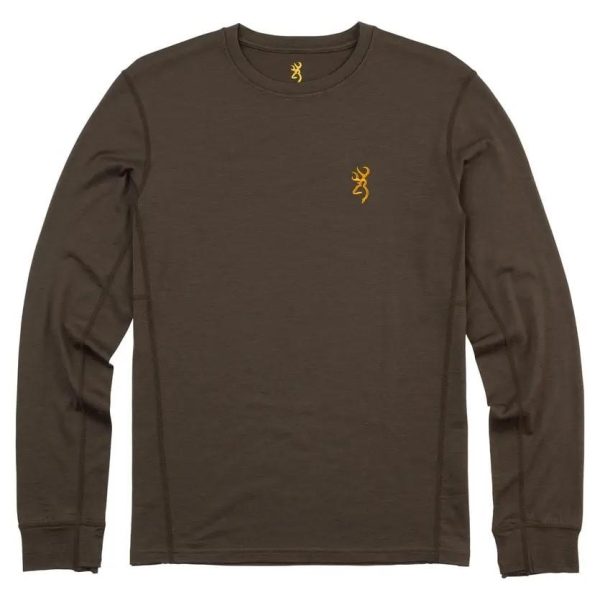 Dark olive green long-sleeve shirt with yellow deer head logo on the chest and neckline.