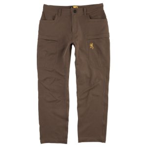 Brown tactical pants with multiple pockets and yellow logo detailing.