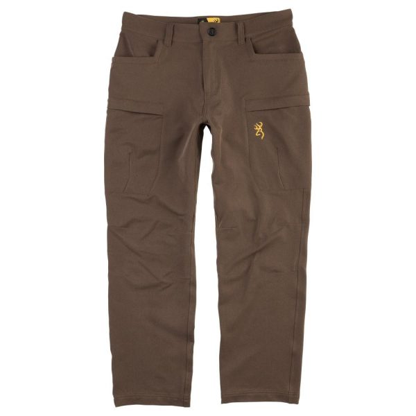 Brown tactical pants with multiple pockets and yellow logo detailing.