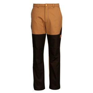 Brown outdoor pants with black knee patches and a button closure.