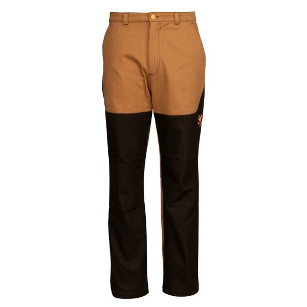 Brown outdoor pants with black knee patches and a button closure.