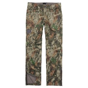 Camouflage-patterned pants with shades of green, brown, and tan, featuring multiple pockets and zippers at the ankles.