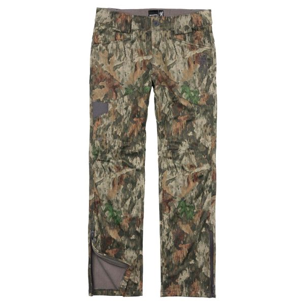 Camouflage-patterned pants with shades of green, brown, and tan, featuring multiple pockets and zippers at the ankles.