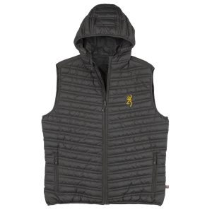 Dark green quilted vest with hood featuring a yellow embroidered logo on the chest, designed for outdoor activities in Iowa, suitable for carrying firearms or ammo.