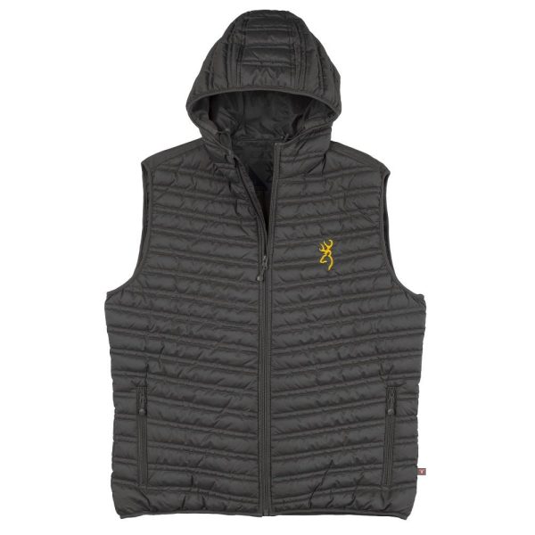 Dark green quilted vest with hood featuring a yellow embroidered logo on the chest, designed for outdoor activities in iowa, suitable for carrying firearms or ammo.