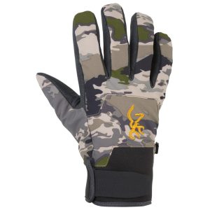 Camouflage hunting glove with a mix of green, grey, and beige patterns, featuring a yellow embroidered logo on the back.