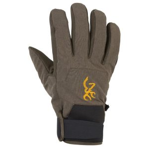 Olive green glove with yellow embroidered logo and black wristband.