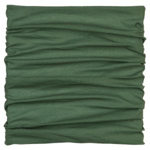 Dark green tactical neck gaiter with ruched detailing, suitable for outdoor activities.