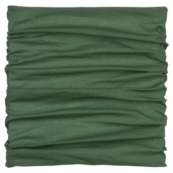 Dark green tactical neck gaiter with ruched detailing, suitable for outdoor activities.