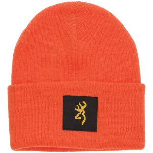 Bright orange beanie with a black patch featuring a yellow deer logo.