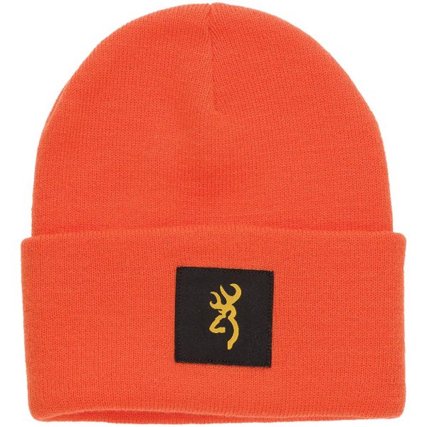 Bright orange beanie with a black patch featuring a yellow deer logo.