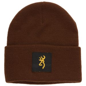Brown knit beanie with a black patch featuring a yellow deer logo.