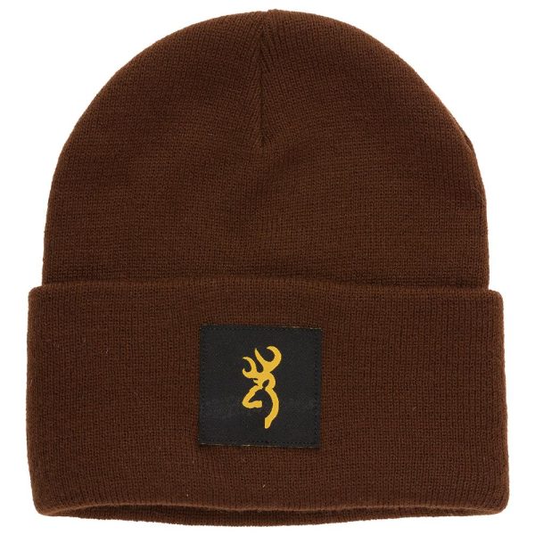 Brown knit beanie with a black patch featuring a yellow deer logo.