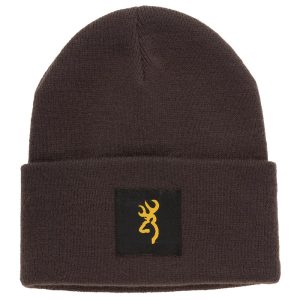 Dark brown beanie with yellow deer logo on black patch.