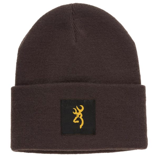 Dark brown beanie with yellow deer logo on black patch.