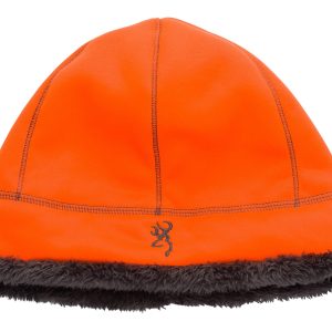 Bright orange beanie with black stitching and a black fleece lining, featuring a stylized antler logo on the front.