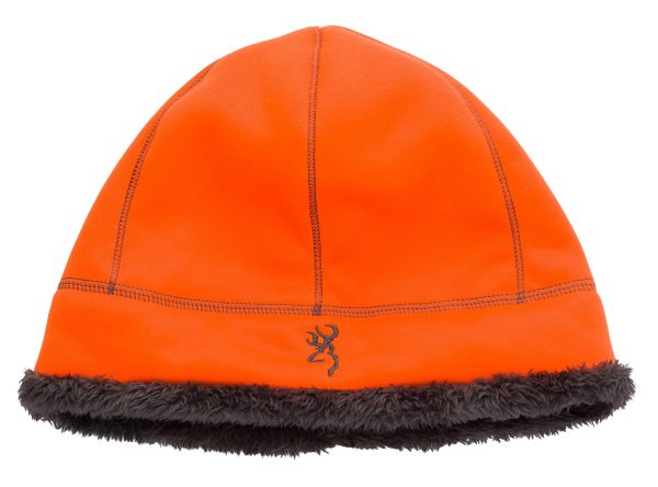 Bright orange beanie with black stitching and a black fleece lining, featuring a stylized antler logo on the front.