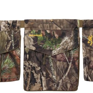 Camo Browning ammo bag with three compartments, adorned with branch and leaf patterns in shades of brown, green, and beige. Features include adjustable brown straps and the Browning logo in yellow.