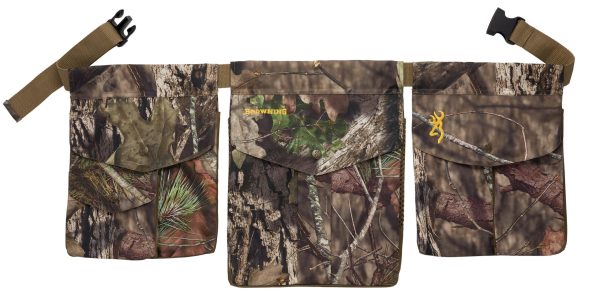 Camo browning ammo bag with three compartments, adorned with branch and leaf patterns in shades of brown, green, and beige. Features include adjustable brown straps and the browning logo in yellow.