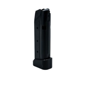 Black firearm magazine isolated on a white background.