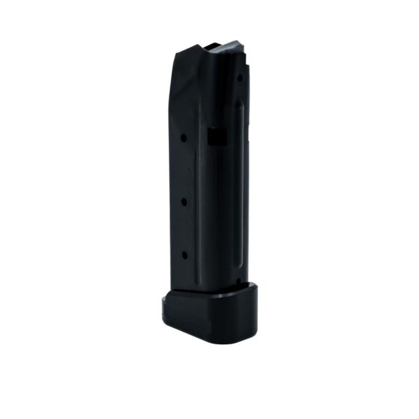 Black firearm magazine isolated on a white background.